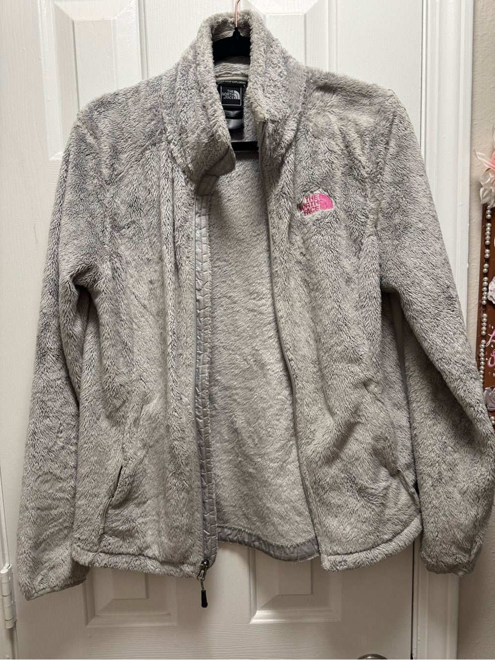 The North Face Light Gray Plush Fleece Jacket with Black Logo Tag